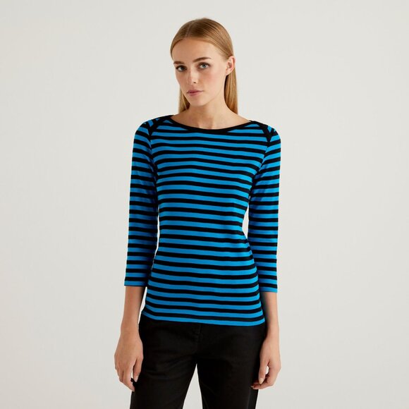 French Connection | Striped Banteau Boatneck Tee w Stretch! - Navy/Blue, Size XS - Picture 2 of 14
